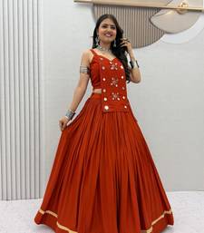 Rust Orange Mirror Handwork Pure Cotton Navratri Lehenga Choli Set with Blouse