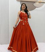 Rust Orange Mirror Handwork Pure Cotton Navratri Lehenga Choli Set with Blouse