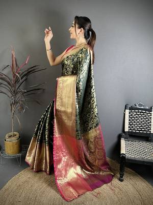 Bottle green kanjeevaram silk blend zari woven saree with unstitched blouse piece 2
