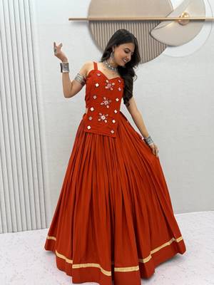 Rust Orange Mirror Handwork Pure Cotton Navratri Lehenga Choli Set with Blouse 2