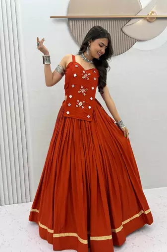 Rust Orange Mirror Handwork Pure Cotton Navratri Lehenga Choli Set with Blouse