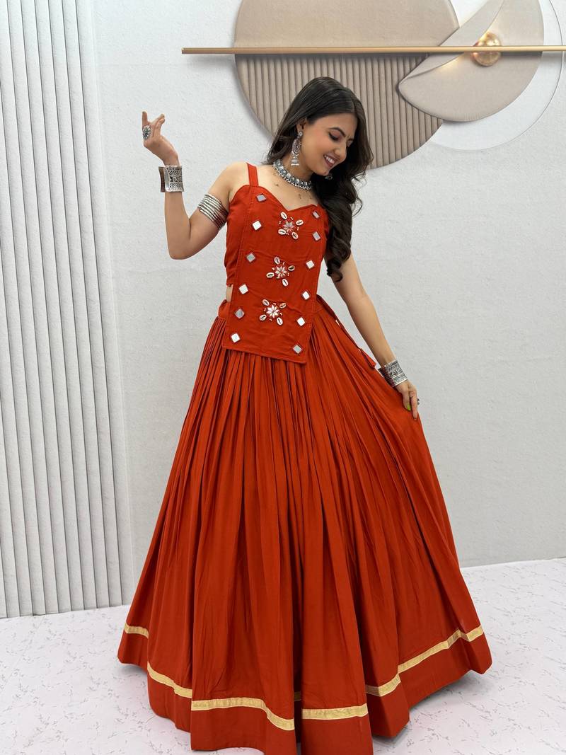 Rust Orange Mirror Handwork Pure Cotton Navratri Lehenga Choli Set with Blouse
