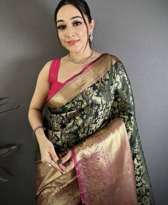 Bottle green kanjeevaram silk blend zari woven saree with unstitched blouse piece 3