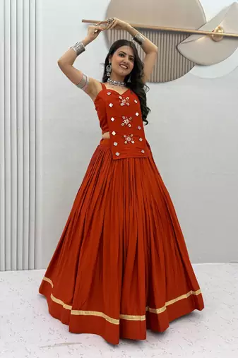 Rust Orange Mirror Handwork Pure Cotton Navratri Lehenga Choli Set with Blouse