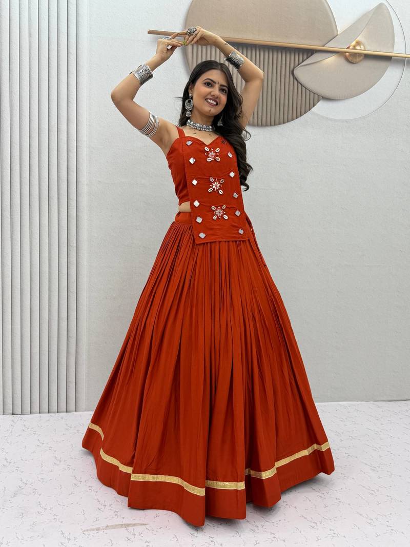 Rust Orange Mirror Handwork Pure Cotton Navratri Lehenga Choli Set with Blouse