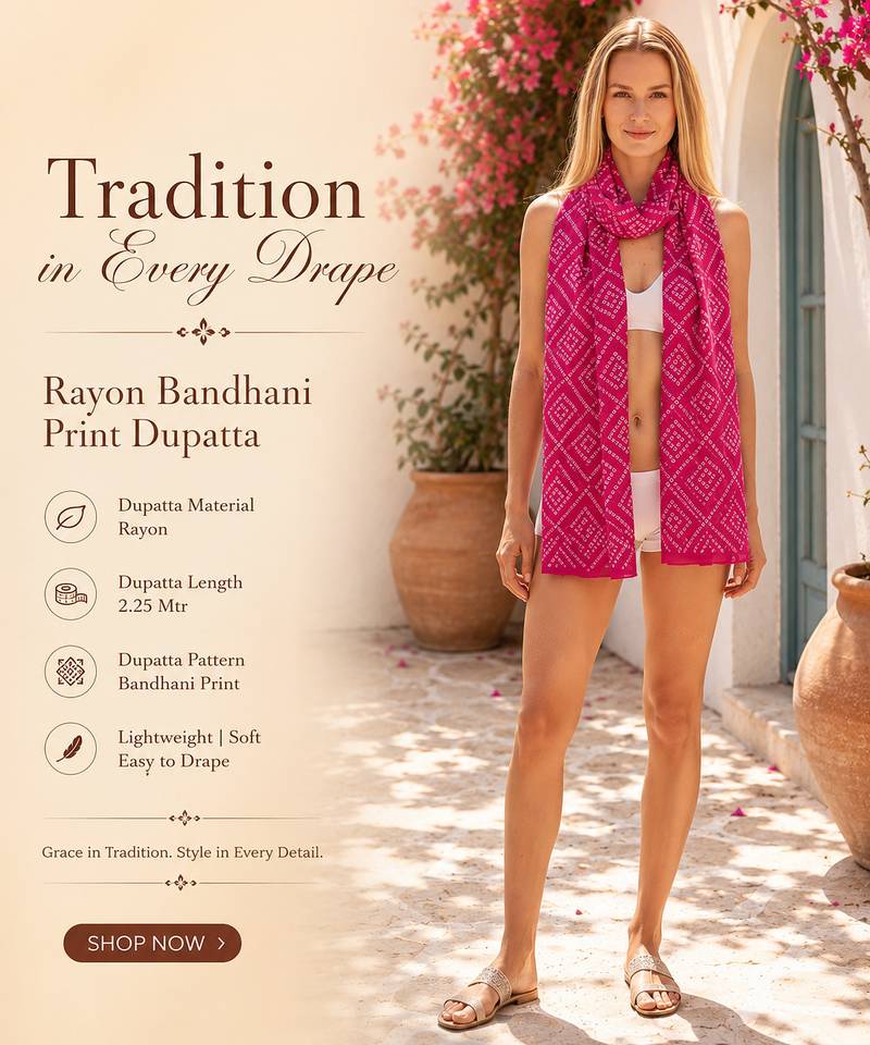 Women's bandhani printed pink rayon dupatta