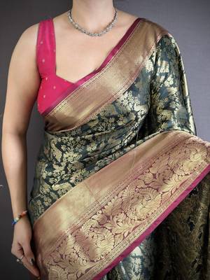 Bottle green kanjeevaram silk blend zari woven saree with unstitched blouse piece 4
