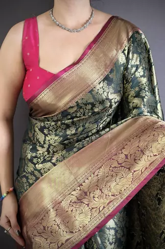 Bottle green kanjeevaram silk blend zari woven saree with unstitched blouse piece