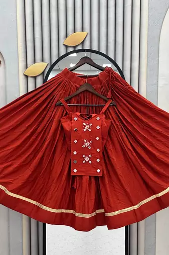 Rust Orange Mirror Handwork Pure Cotton Navratri Lehenga Choli Set with Blouse