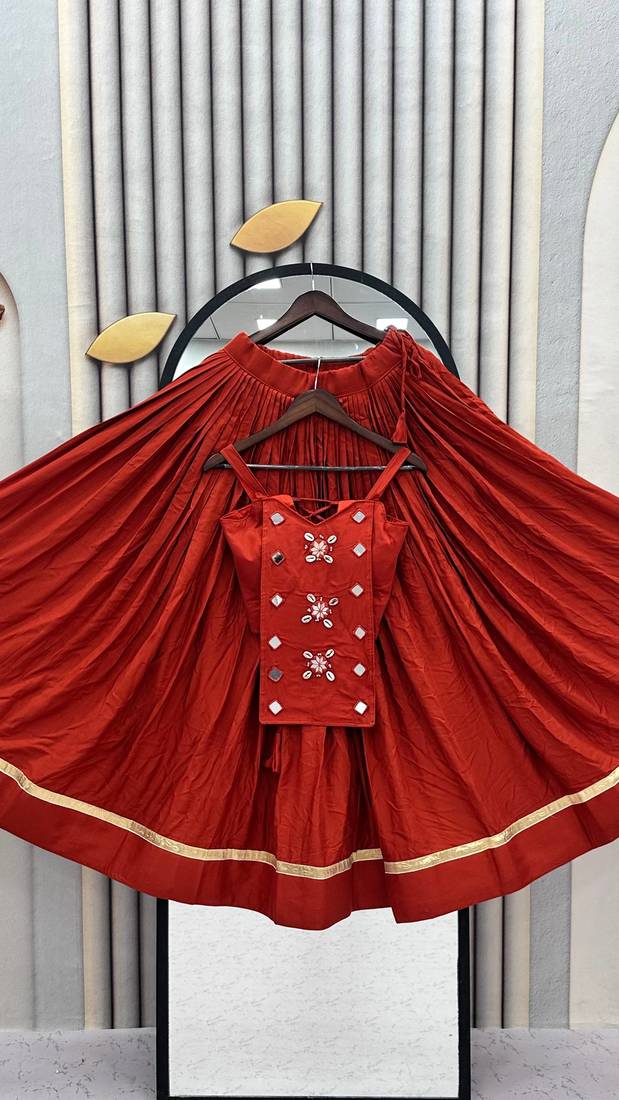 Rust Orange Mirror Handwork Pure Cotton Navratri Lehenga Choli Set with Blouse