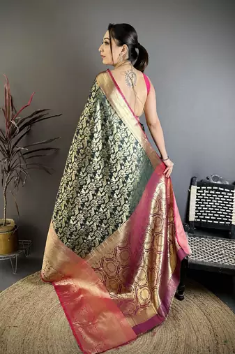 Bottle green kanjeevaram silk blend zari woven saree with unstitched blouse piece