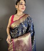 Navy blue kanjeevaram silk blend zari woven saree with unstitched blouse piece