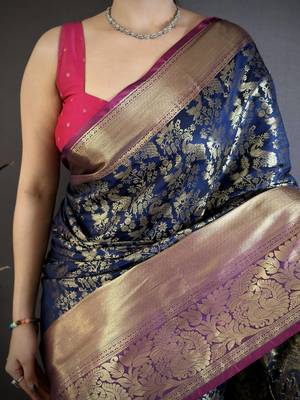 Navy blue kanjeevaram silk blend zari woven saree with unstitched blouse piece 4
