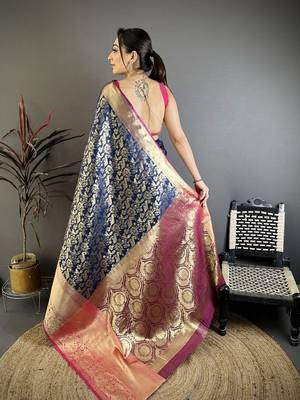 Navy blue kanjeevaram silk blend zari woven saree with unstitched blouse piece 5