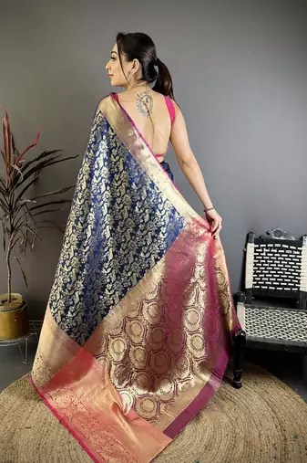 Navy blue kanjeevaram silk blend zari woven saree with unstitched blouse piece