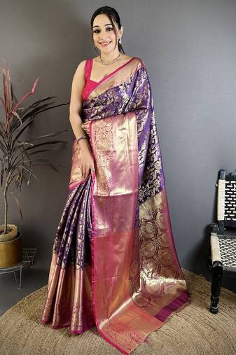 Purple kanjeevaram silk blend zari woven saree with unstitched blouse piece