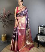 Purple kanjeevaram silk blend zari woven saree with unstitched blouse piece