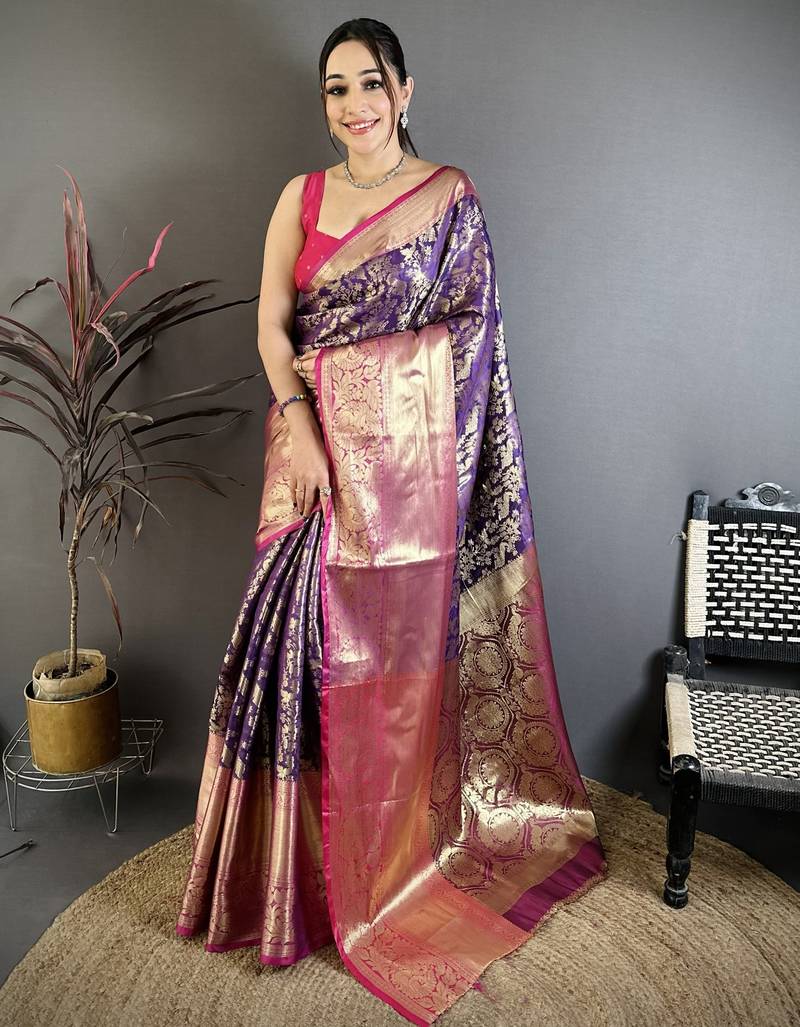 Purple kanjeevaram silk blend zari woven saree with unstitched blouse piece