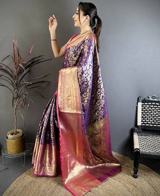 Purple kanjeevaram silk blend zari woven saree with unstitched blouse piece 2