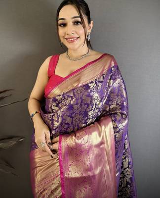 Purple kanjeevaram silk blend zari woven saree with unstitched blouse piece 3