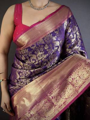 Purple kanjeevaram silk blend zari woven saree with unstitched blouse piece 4