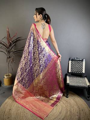 Purple kanjeevaram silk blend zari woven saree with unstitched blouse piece 5