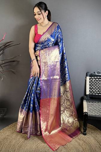 Royal blue kanjeevaram silk blend zari woven saree with unstitched blouse piece