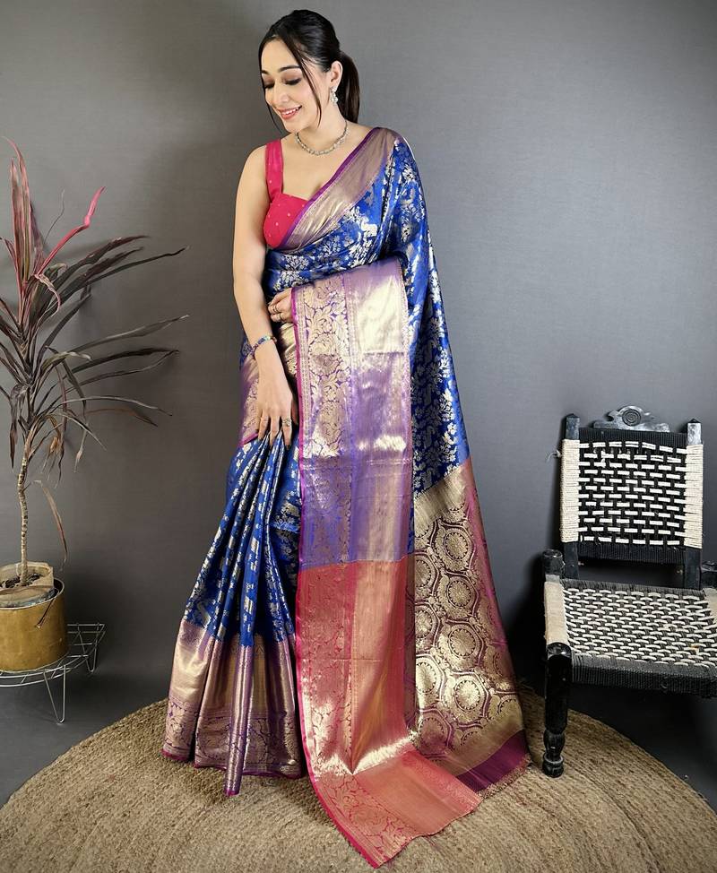 Royal blue kanjeevaram silk blend zari woven saree with unstitched blouse piece
