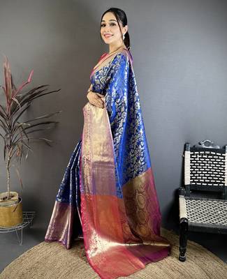 Royal blue kanjeevaram silk blend zari woven saree with unstitched blouse piece 2