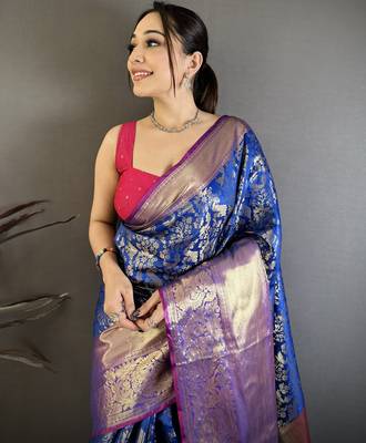 Royal blue kanjeevaram silk blend zari woven saree with unstitched blouse piece 3