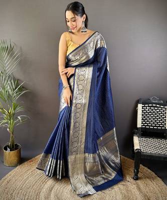 Navy blue nylon viscose zari woven saree with unstitched blouse piece 1