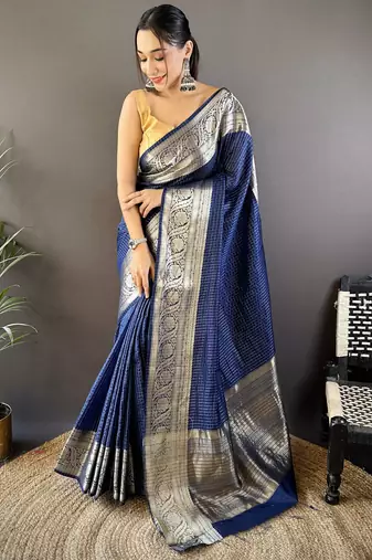 Navy blue nylon viscose zari woven saree with unstitched blouse piece