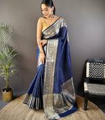 Navy blue nylon viscose zari woven saree with unstitched blouse piece