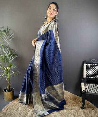 Navy blue nylon viscose zari woven saree with unstitched blouse piece 3