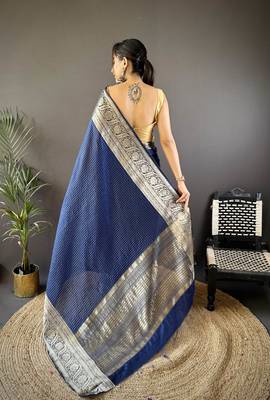 Navy blue nylon viscose zari woven saree with unstitched blouse piece 4