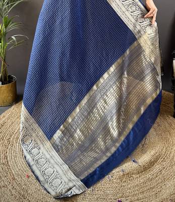 Navy blue nylon viscose zari woven saree with unstitched blouse piece 5