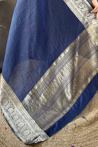 Navy blue nylon viscose zari woven saree with unstitched blouse piece
