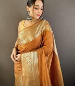 Orange nylon viscose zari woven saree with unstitched blouse piece