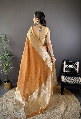 Orange nylon viscose zari woven saree with unstitched blouse piece 3