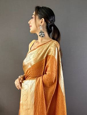 Orange nylon viscose zari woven saree with unstitched blouse piece 4