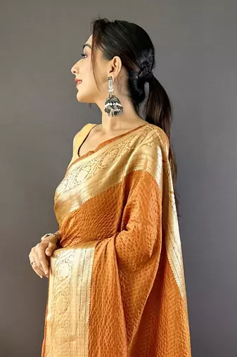 Orange nylon viscose zari woven saree with unstitched blouse piece
