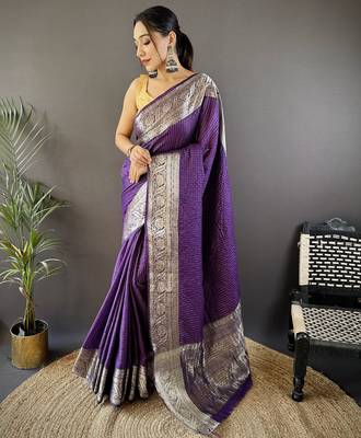 Purple nylon viscose zari woven saree with unstitched blouse piece 1