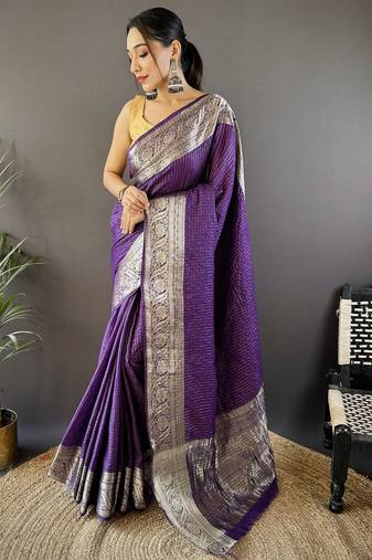 Purple nylon viscose zari woven saree with unstitched blouse piece