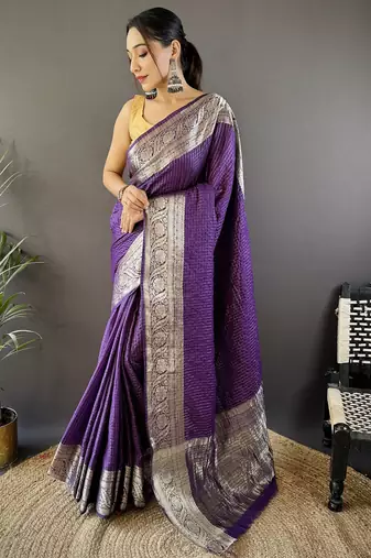 Purple nylon viscose zari woven saree with unstitched blouse piece