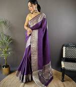 Purple nylon viscose zari woven saree with unstitched blouse piece