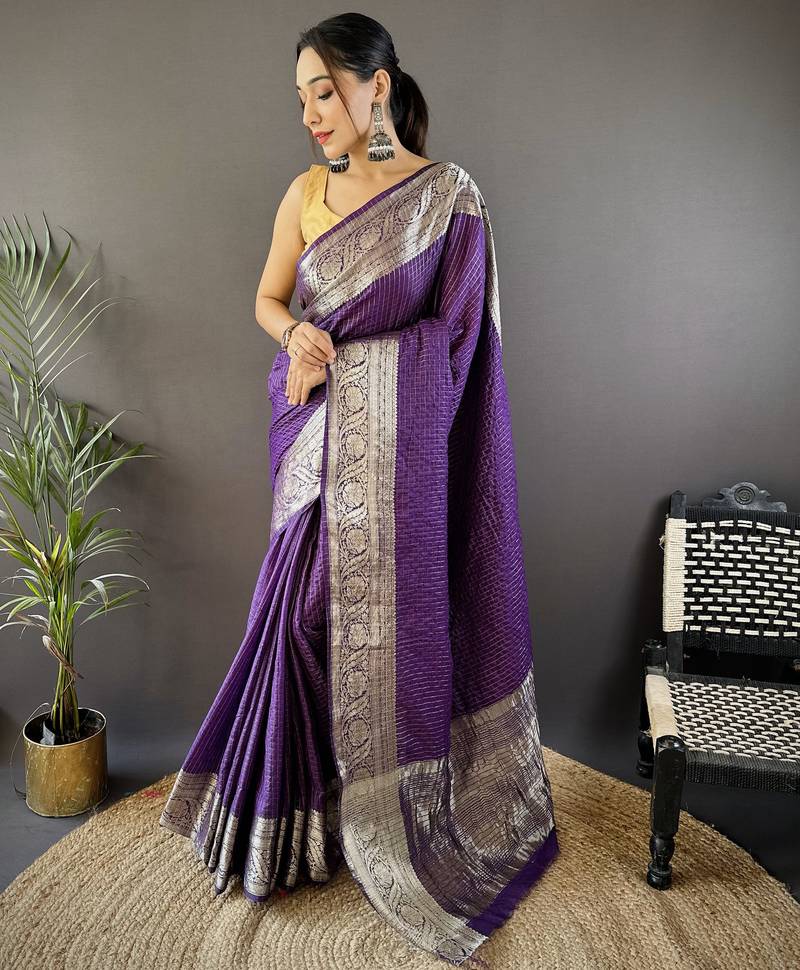 Purple nylon viscose zari woven saree with unstitched blouse piece