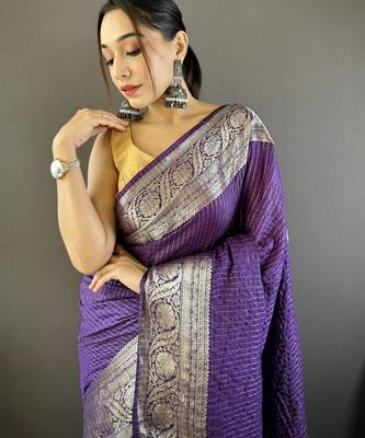 Purple nylon viscose zari woven saree with unstitched blouse piece 2