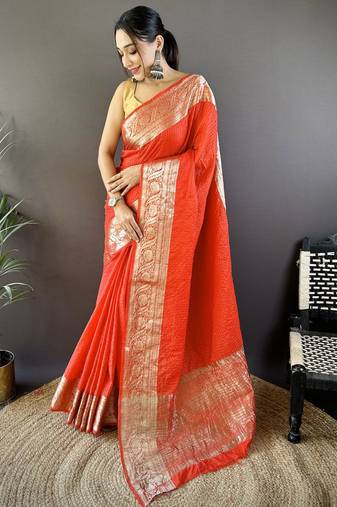 Red nylon viscose zari woven saree with unstitched blouse piece