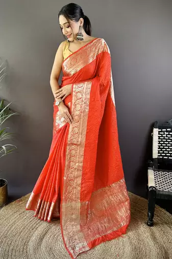 Red nylon viscose zari woven saree with unstitched blouse piece