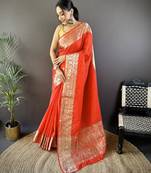 Red nylon viscose zari woven saree with unstitched blouse piece